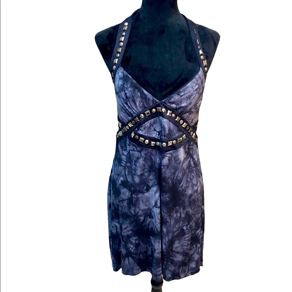 Elegant Blue Halter Dress with Studded Details